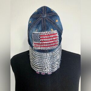 Blue Denim Faux Crystal Embellished USA Flag Ballcap
